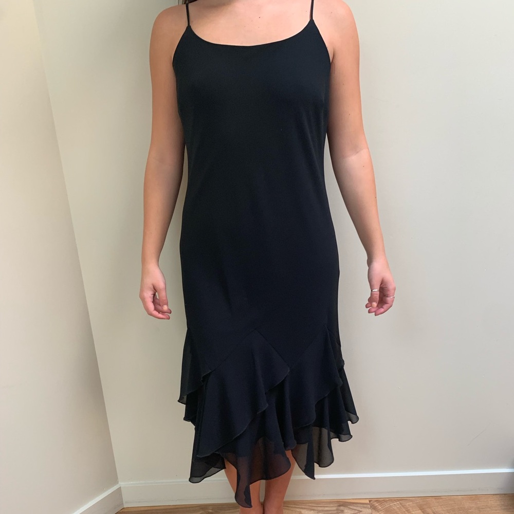 Vintage Jessica Black Layered Ruffle Hem Formal Midi Dress